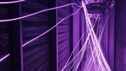 Abstract purple light streaks in a server room environment.