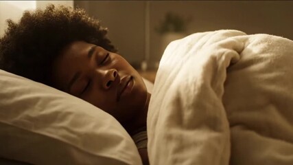 A tranquil moment as a young black woman enjoys a deep and restful sleep, her peaceful expression conveying ultimate comfort and relaxation in the quiet morning light