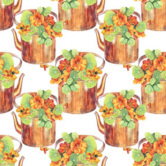Watercolor seamless pattern with yellow and orange bouquet with flower nasturtium in teapot and bumblebee on white background. Hand-drawn summer or autumn art. Wedding celebration wrapping wallpaper