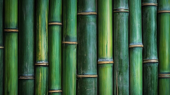 Green bamboo stalks creating a natural wall texture. Renewable resource representing sustainability and natural balance