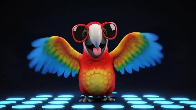 Cartoon parrot with sunglasses spreading its wings on a blue dotted background