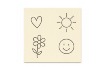 Hand drawn doodle set featuring heart, sun, flower, and smiley face illustrating positive emotions on a sticky note