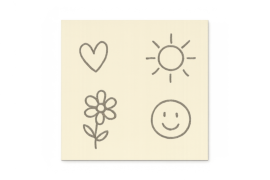 Hand drawn doodle set featuring heart, sun, flower, and smiley face illustrating positive emotions on a sticky note
