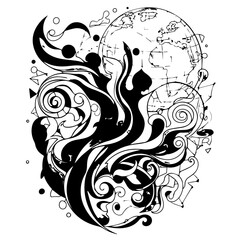 Abstract Black and White Graphic Design with Earth Globe Illustration