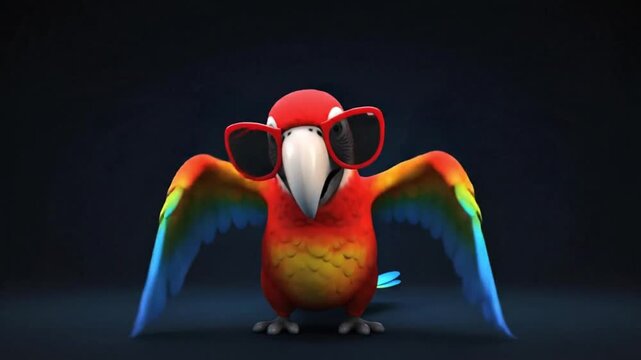 Cartoon parrot with sunglasses spreading its wings on a dark background