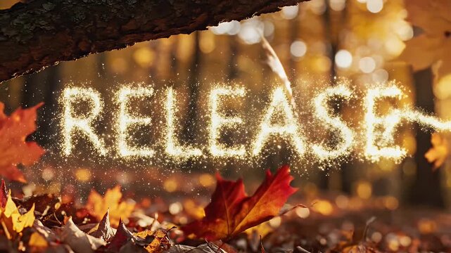 Autumn leaf forms word Release with glowing sparkle