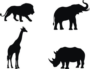Wild animal silhouette illustration featuring lion, elephant, giraffe, rhinoceros, African wildlife vector set, black design, safari nature concept artwork