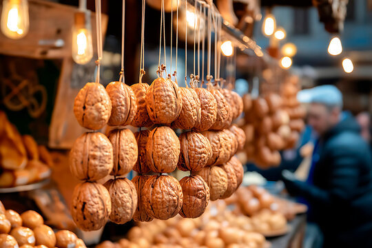 Churchkhela, a traditional Georgian sweet made with walnuts and grape must, hanging on display at a vibrant food market stall