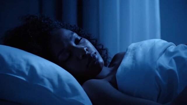 Serene black woman sleeping peacefully in a dark blue bedroom, experiencing deep rest and tranquil dreams during the quiet night