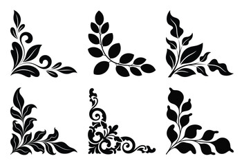 Elegant decorative floral corner elements, stylized leaves and branches for frame designs.