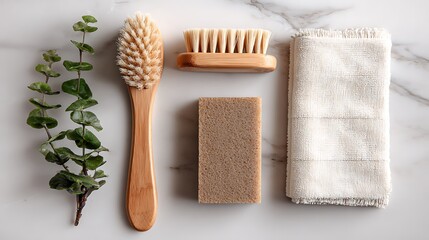 Natural bamboo brushes, sponge, and cotton cloth representing sustainable, zero waste, eco-friendly household cleaning products