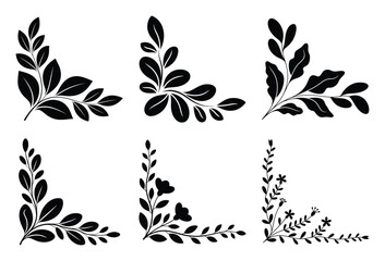 Six elegant black silhouette floral corner border designs for decorative elements and frames