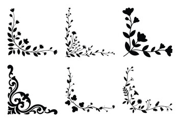 Set of six black floral and ornamental corner design elements for decorative frames