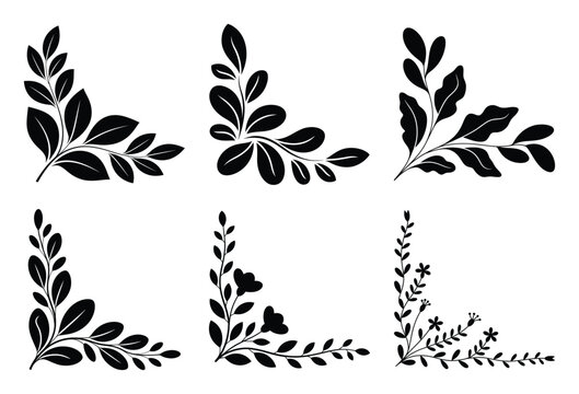 Six elegant black silhouette floral corner border designs for decorative elements and frames