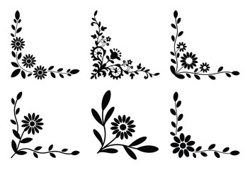 A set of black silhouette floral corner designs, elegant decorative flower borders vector.