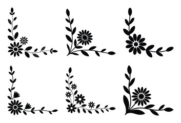 Set of six elegant floral corner design elements with leaves and daisy silhouettes