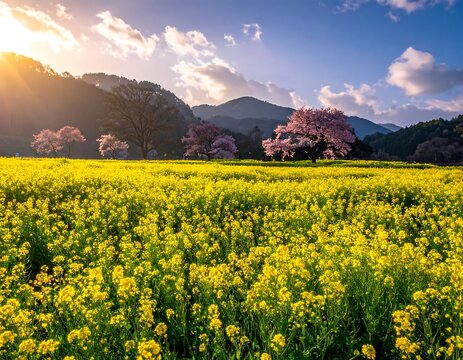 Sunny landscape of blooming yellow flowers with pink trees and mountain backdrop