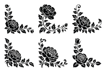 Elegant black floral corner design elements set for decorative borders and vintage frames