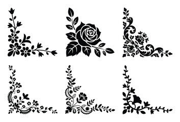 Elegant floral decorative corners vector silhouette set with various flower and leaf motifs