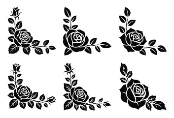 Elegant black rose corner floral ornaments set for decorative design elements on white.