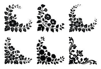 Collection of elegant black floral and ornamental corner design elements for decorations
