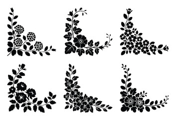 Set of six elegant black floral corner designs for decorative borders and frame elements