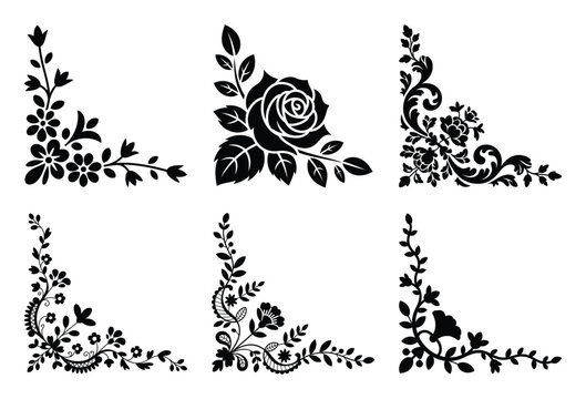 Elegant floral decorative corners vector silhouette set with various flower and leaf motifs