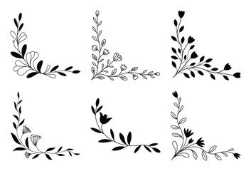 Elegant hand drawn black outline floral corner ornaments set, decorative design elements