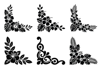 Tropical hibiscus flower and palm leaf corner borders silhouette design set isolated white.