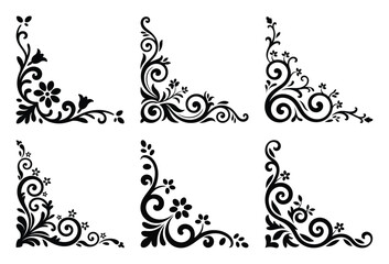 Classic black floral corner design elements with ornate scrollwork, leaves, and blossoms