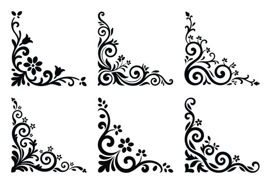 Classic black floral corner design elements with ornate scrollwork, leaves, and blossoms