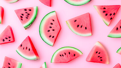 Watermelon slices scattered across a light pink background, forming a vibrant and refreshing food pattern