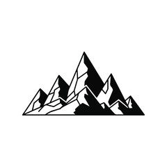 Monochrome illustration of a jagged mountain range, a simple vector icon representing nature, adventure, and the outdoors
