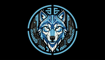 Obraz premium Stylized wolf head in a circular frame with geometric and tribal elements.