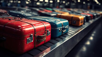 Baggage claim array of suitcases on conveyor belt at airport terminal