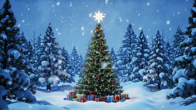 Snowy Winter Landscape with Decorated Christmas Tree and Falling Snow