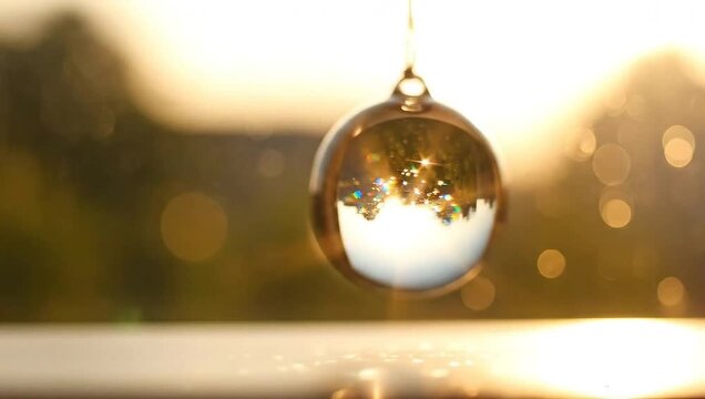 A clear glass Christmas ornament hangs, reflecting an inverted outdoor scene with trees and a bright sky, creating a beautiful and serene visual.