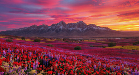 Vibrant red flower field stretching toward dramatic mountain range under stunning pink orange sunset sky