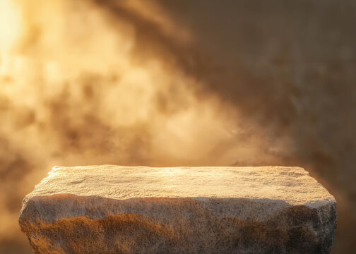 Dramatic stone pedestal with golden light ray and smoke on dark background.