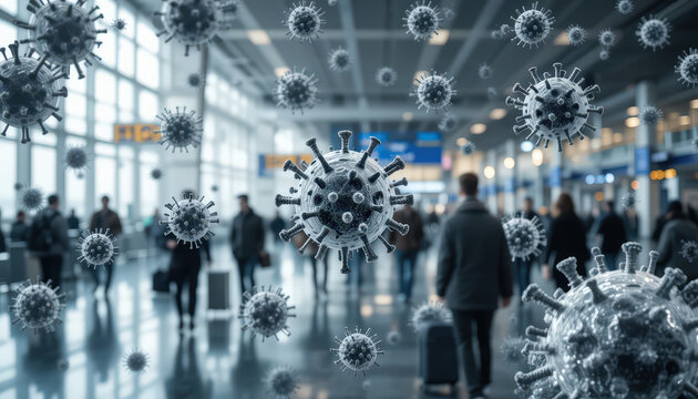 Busy airport terminal with traveler walking through modern transportation hub with digital