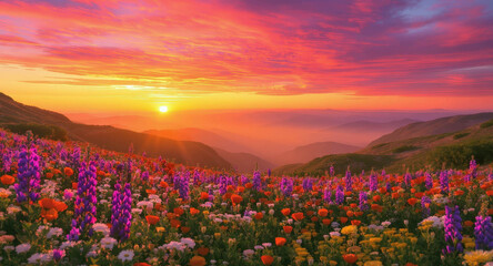 Fototapeta premium Vibrant wildflower meadow blooming beneath dramatic orange purple sunset sky over rolling mountain landscape
