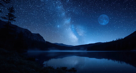 Starry night sky reflected in calm mountain lake with silhouette treeline and milky way galaxy visible overhead