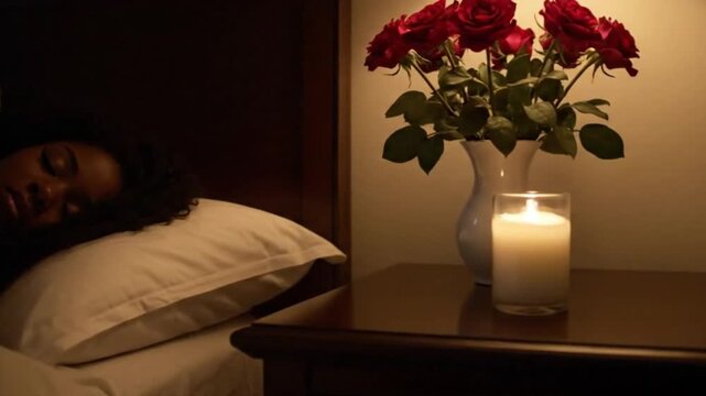 A peaceful image of a black woman sleeping beside a nightstand, featuring roses and a lit candle