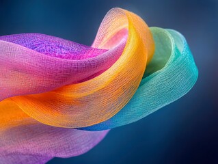 Abstract flowing ribbons of translucent fabric in a spectrum of colors, creating a sense of movement and softness against a dark blue backdrop.
