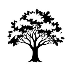 Silhouette of a large deciduous oak tree with a full canopy of leaves, symbolizing nature and growth