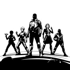 Silhouette of a powerful superhero team assembled on a distant planet, a black and white vector graphic showcasing unity and strength