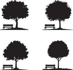 Tree and park bench silhouettes set
