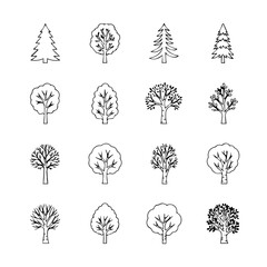 A diverse collection of tree icons in a minimalist line art style. This set includes various deciduous and coniferous tree illustrations for graphic design