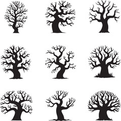 Set of bare tree silhouettes