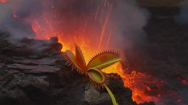 A vibrant Venus flytrap endures fiery volcanic eruption and molten lava